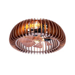 Front view of a ZEUSFULLY 20 inch semicircle caged ceiling fan with lights featuring an antique faux wood finish framework and 4 E26 light sockets.