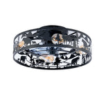 Front view of an unlit 20 inch matte black rust-resistant iron caged ceiling fan featuring deer and pine tree silhouette carvings