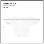 Dimension diagram showing 35.98 inch diameter, 15.98 inch height, and 3.15 inch thickness for a farmhouse party table.