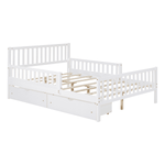 Safety first: Close-up of protective double-sided guardrails on full size wooden bed, preventing falls for active sleepers.