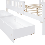 Space-saving bedroom solution: Two large pull-out wooden storage drawers under full size bed for clothes and bedding.