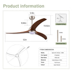 Dimension diagram showing 52 inch width and adjustable 4.98 inch or 9.84 inch downrods for a ceiling fan with light.