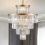 Close up of premium K9 crystal prisms on a 15-light gold chandelier