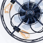 ZEUSFULLY 20 inch caged ceiling fan showing 7 clear smoke-grey PC blades and 2 vintage Edison bulbs attached to E26 sockets