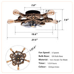 Side perspective view of a low profile flush mount gear chandelier fan with a solid black metal ceiling base and extended vintage bulb sockets.