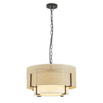 ZEUSFULLY 19.69 inch rattan chandelier features including wicker weaving, E26 UL lampholder, black iron ceiling cup, and light beige fabric lampshade.