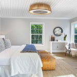 Handcrafted boho rope cage ceiling fan installed in a modern cozy bedroom