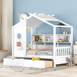 Wooden twin house bed with roof design