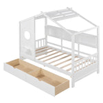 Kids house bed with shelf and drawers