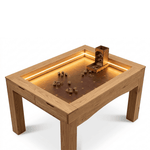 Recessed board game table vault with built-in LED lights and PU leather mat showing card game setup and removable side trays
