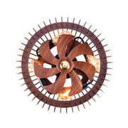 Direct underside view of an 8.80 lbs bladed chandelier fan showcasing a central 7 blade turbine enclosed in a geometric semicircle metal cage guard.