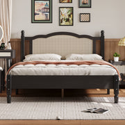 Queen Wooden Platform Bed with Natural Rattan Headboard