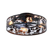 Full view of a 20 inch black forest wildlife caged ceiling fan with four illuminated vintage bulbs inside a circular iron frame