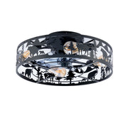 Front view of an unlit 20 inch matte black rust-resistant iron caged ceiling fan featuring deer and pine tree silhouette carvings