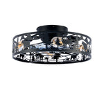 Side view of a low profile 8 inch height flush mount caging ceiling fan with an antique american design