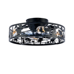 Side view of a low profile 8 inch height flush mount caging ceiling fan with an antique american design