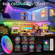 App controlled RGB LED ceiling fan with enclosed blades and iron frame