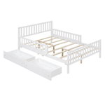 Full size white wood platform bed with dual guardrails and two under-bed storage drawers, ZEUSFULLY solid pine bed frame for kids and teens