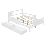 Full size white wood platform bed with dual guardrails and two under-bed storage drawers, ZEUSFULLY solid pine bed frame for kids and teens