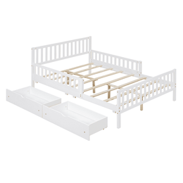 Full size white wood platform bed with dual guardrails and two under-bed storage drawers, ZEUSFULLY solid pine bed frame for kids and teens