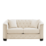 Aura 59 inch beige velvet modern chesterfield loveseat sofa with deep tufted button backrest and gold nailhead trim arms.