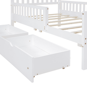 Twin Size Wood Platform Bed with Guardrails on Both Sides and Two Storage Drawers – Safe & Functional Kids Platform Bed Frame with Solid Wood Structure