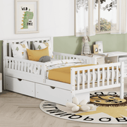 Twin Size Wood Platform Bed with Guardrails on Both Sides and Two Storage Drawers – Safe & Functional Kids Platform Bed Frame with Solid Wood Structure