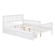 Safety first: Close-up of protective double-sided guardrails on full size wooden bed, preventing falls for active sleepers.