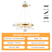 Modern Alabaster Round Chandelier, 20 Inch Adjustable Ceiling Light Fixture – Gold Hanging Pendant Light for Dining Room, Living Room, Bedroom, Hallway, Entryway