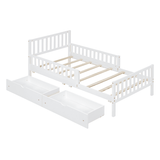 Twin Size Wood Platform Bed with Guardrails on Both Sides and Two Storage Drawers – Safe & Functional Kids Platform Bed Frame with Solid Wood Structure