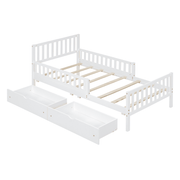 Twin Size Wood Platform Bed with Guardrails on Both Sides and Two Storage Drawers – Safe & Functional Kids Platform Bed Frame with Solid Wood Structure