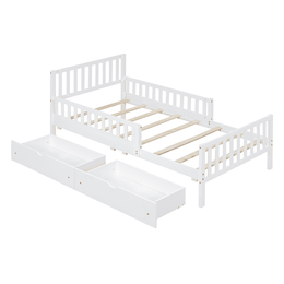Twin Size Wood Platform Bed with Guardrails on Both Sides and Two Storage Drawers – Safe & Functional Kids Platform Bed Frame with Solid Wood Structure