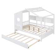 Full Size Wooden House Bed with Trundle & Storage Shelves – Kids Playhouse Bed Frame with Solid Pine Structure