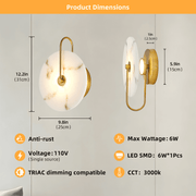 Round Alabaster Wall Sconce, Natural Marble Wall Light – Modern Hardwired LED Circular Wall Lamp for Bedroom, Hallway, Living Room, Bedside, Staircase