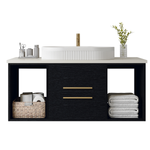 Poseidon 39.4 inch wall mounted floating bathroom vanity with top mount oval ceramic sink showing multi layer solid wood construction.