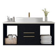 Poseidon 39.4 inch wall mounted floating bathroom vanity with top mount oval ceramic sink showing multi layer solid wood construction.