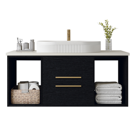 Poseidon 39.4 inch wall mounted floating bathroom vanity with top mount oval ceramic sink showing multi layer solid wood construction.