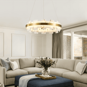 Modern Alabaster Round Chandelier, 20 Inch Adjustable Ceiling Light Fixture – Gold Hanging Pendant Light for Dining Room, Living Room, Bedroom, Hallway, Entryway