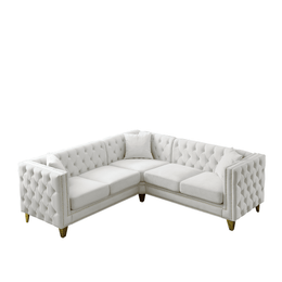 premium beige velvet l shaped sectional sofa with deep button tufting in luxury modern living room