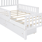 Twin Size Wood Platform Bed with Guardrails on Both Sides and Two Storage Drawers – Safe & Functional Kids Platform Bed Frame with Solid Wood Structure