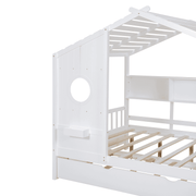 Full Size Wooden House Bed with Trundle & Storage Shelves – Kids Playhouse Bed Frame with Solid Pine Structure