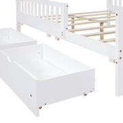 Space-saving bedroom solution: Two large pull-out wooden storage drawers under full size bed for clothes and bedding.