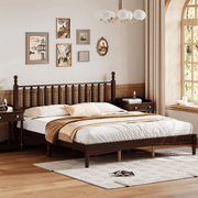 King Size Wood Platform Bed with Gourd-Shaped Headboard, Solid Wood Frame & Noise-Free Slat Support (No Box Spring)