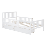 Twin Size Wood Platform Bed with Guardrails on Both Sides and Two Storage Drawers – Safe & Functional Kids Platform Bed Frame with Solid Wood Structure