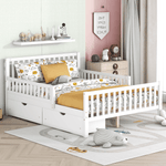 Modern kids bedroom idea featuring ZEUSFULLY full size white wooden platform bed with rails, minimalist nursery and youth furniture.