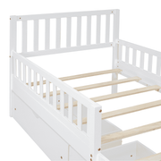 Twin Size Wood Platform Bed with Guardrails on Both Sides and Two Storage Drawers – Safe & Functional Kids Platform Bed Frame with Solid Wood Structure