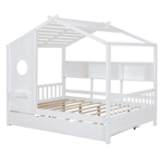 Full Size Wooden House Bed with Trundle & Storage Shelves – Kids Playhouse Bed Frame with Solid Pine Structure