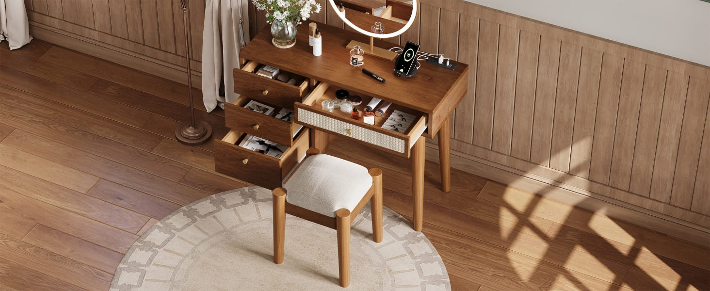 ZEUSFULLY 39 inch retro bohemian style wooden makeup vanity set in walnut with natural rattan drawer and matching cushioned stool.