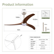 Dimension diagram showing 52 inch width and adjustable 4.98 inch or 9.84 inch downrods for a ceiling fan with light.
