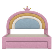 Full Size Upholstered Velvet Princess Bed with Rainbow Headboard and Storage Drawer